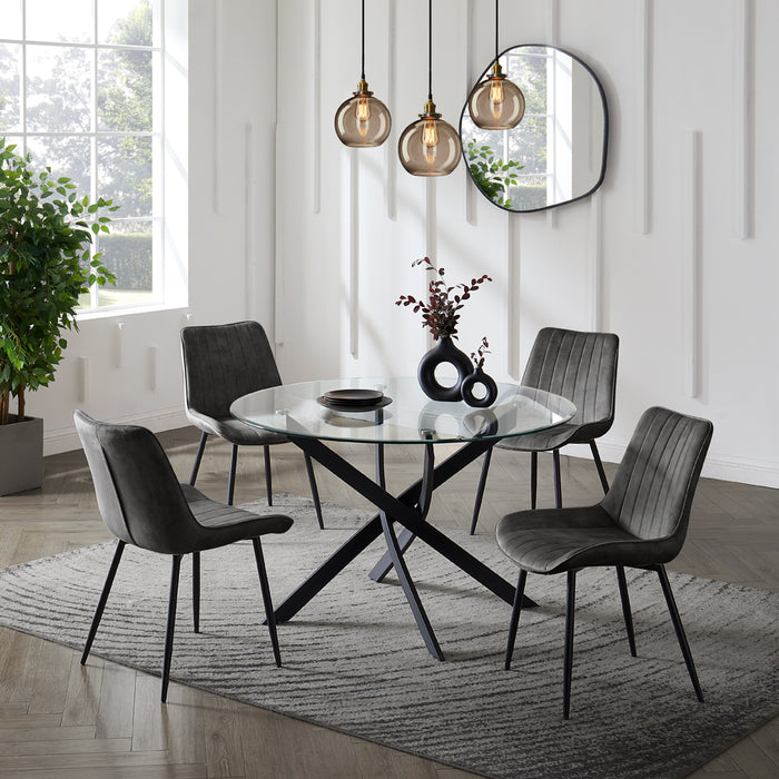 Livorno Black Leg Glass Dining Table & 4 Girona Chairs, Grey Faux Leather