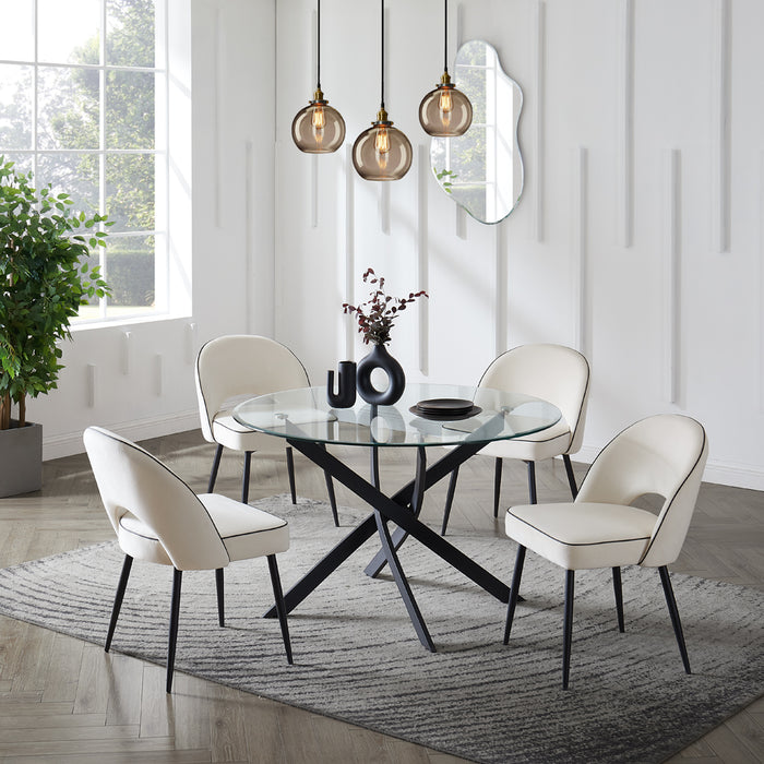 Livorno Black Leg Glass Dining Table & 4 Tiago Chairs, Ivory Velvet