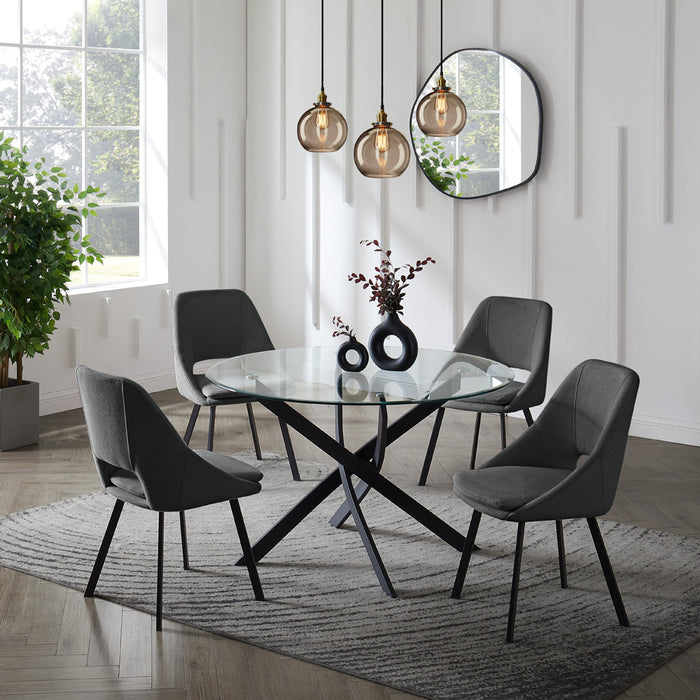 Livorno Black Leg Glass Dining Table & 4 Bilbao Chairs, Dark Grey Fabric