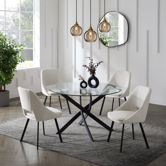 Livorno Black Leg Glass Dining Table & 4 Bilbao Chairs, Ivory Fabric