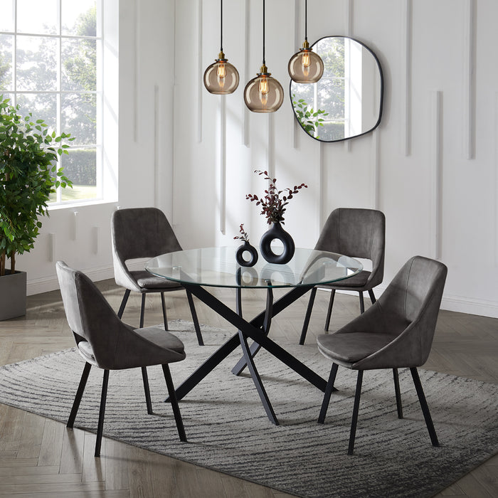 Livorno Black Leg Glass Dining Table & 4 Bilbao Chairs, Dark Grey Velvet