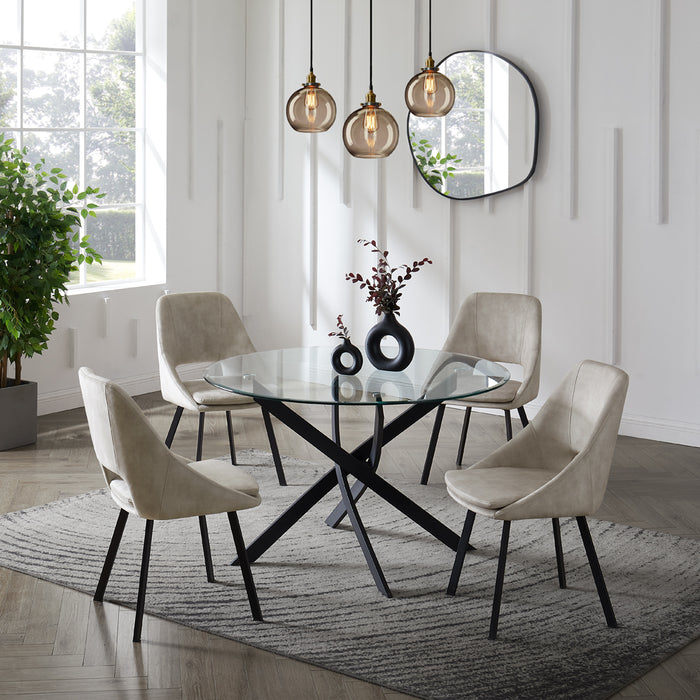 Livorno Black Leg Glass Dining Table & 4 Bilbao Chairs, Cream Velvet