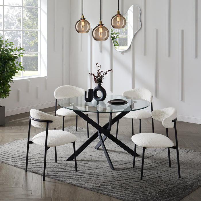 Livorno Black Leg Glass Dining Table & 4 Elda Chairs, White Boucle