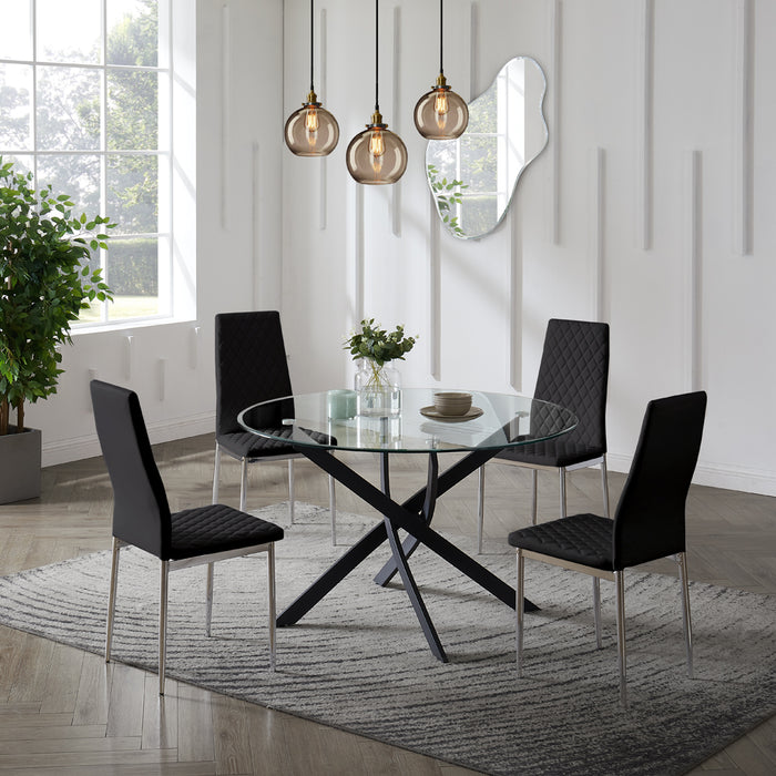 Livorno Black Leg Glass Dining Table & 4 Sierra Chairs, Black Chair with Silver Legs