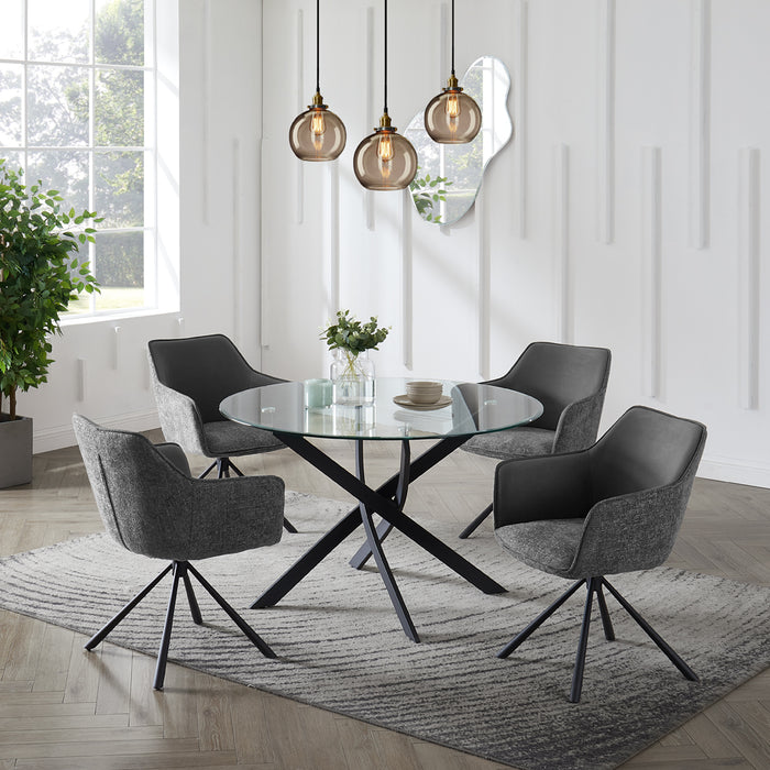 Livorno Black Leg Glass Dining Table & 4 Porto Chairs, Grey Two Tone Fabric