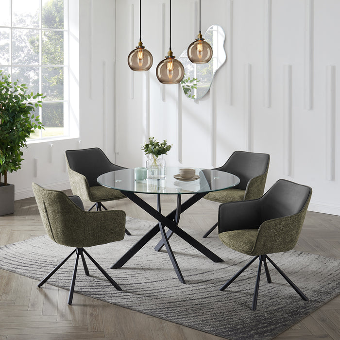 Livorno Black Leg Glass Dining Table & 4 Porto Chairs, Grey/Green Two Tone Fabric