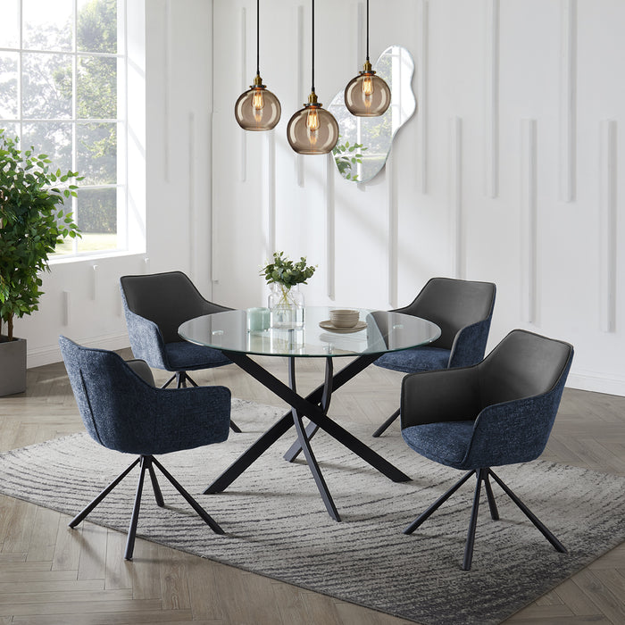 Livorno Black Leg Glass Dining Table & 4 Porto Chairs, Grey/Blue Two Tone Fabric