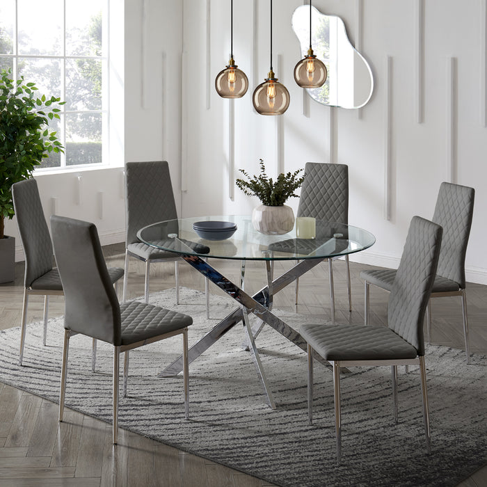 Livorno Silver Leg Glass Dining Table & 6 Sierra Chairs, Grey Chair