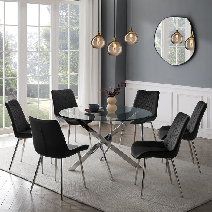 Livorno Silver Leg Glass Dining Table & 6 Almeria Chairs, Black with Silver Legs