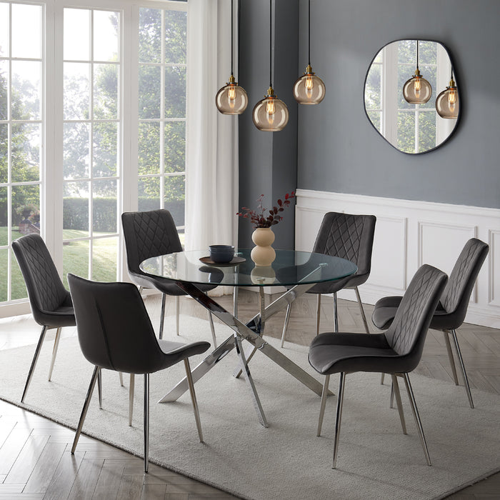 Livorno Silver Leg Glass Dining Table & 6 Almeria Chairs, Grey with Silver Legs