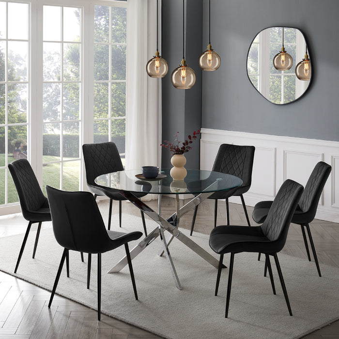 Livorno Silver Leg Glass Dining Table & 6 Almeria Chairs, Black with Black Legs