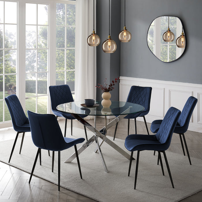 Livorno Silver Leg Glass Dining Table & 6 Almeria Chairs, Blue with Black Legs