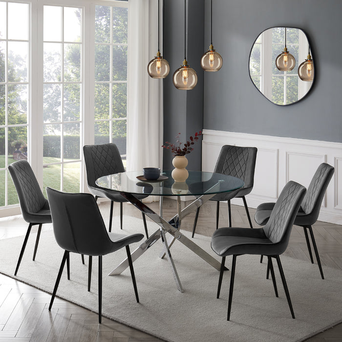 Livorno Silver Leg Glass Dining Table & 6 Almeria Chairs, Grey with Black Legs