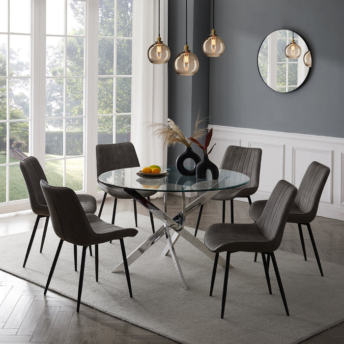 Livorno Silver Leg Glass Dining Table & 6 Girona Chairs, Grey Velvet