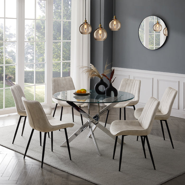 Livorno Silver Leg Glass Dining Table & 6 Girona Chairs, Cream Velvet