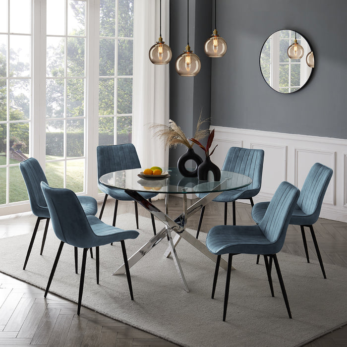 Livorno Silver Leg Glass Dining Table & 6 Girona Chairs, Blue Velvet