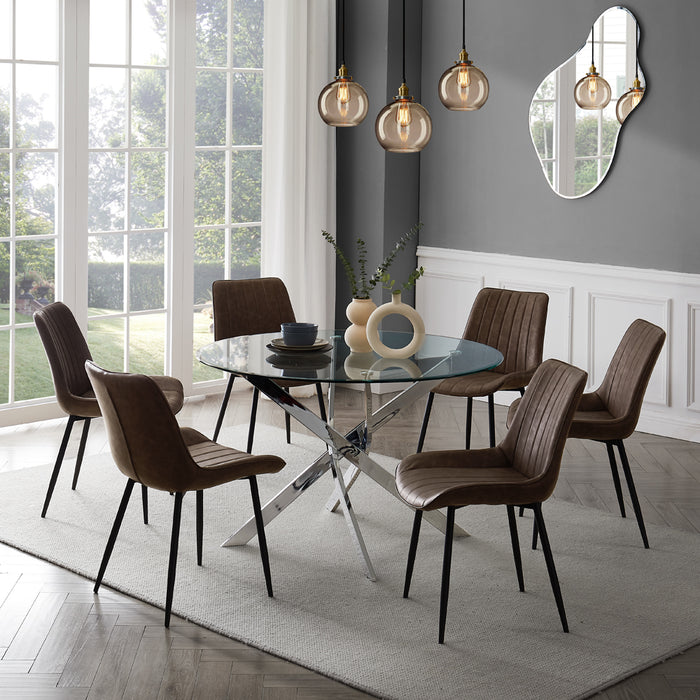 Livorno Silver Leg Glass Dining Table & 6 Girona Chairs, Brown Faux Leather