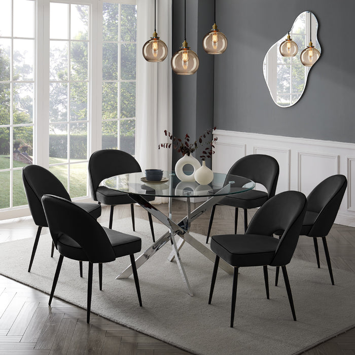 Livorno Silver Leg Glass Dining Table & 6 Tiago Chairs, Black Velvet