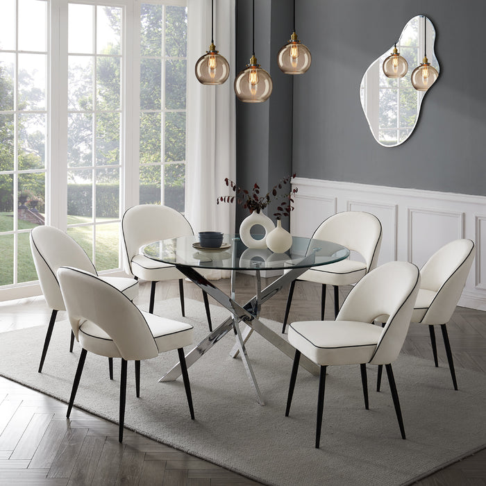 Livorno Silver Leg Glass Dining Table & 6 Tiago Chairs, Ivory Velvet