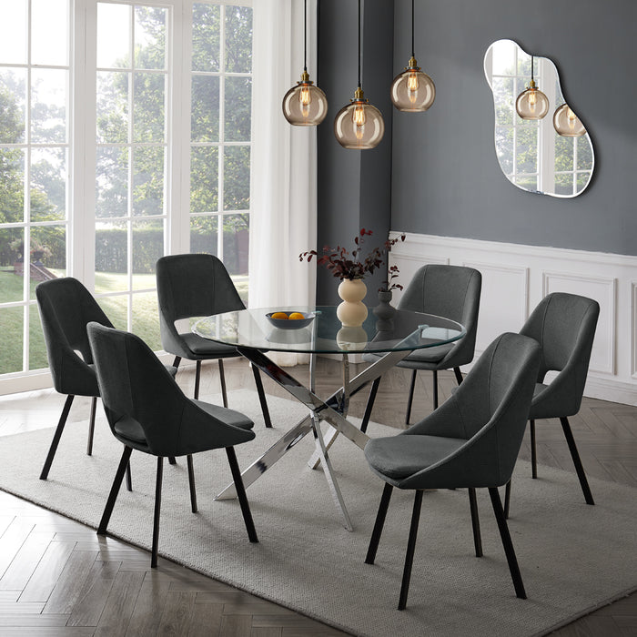 Livorno Silver Leg Glass Dining Table & 6 Bilbao Chairs, Dark Grey Velvet