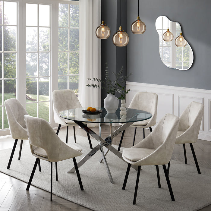 Livorno Silver Leg Glass Dining Table & 6 Bilbao Chairs, Cream Velvet