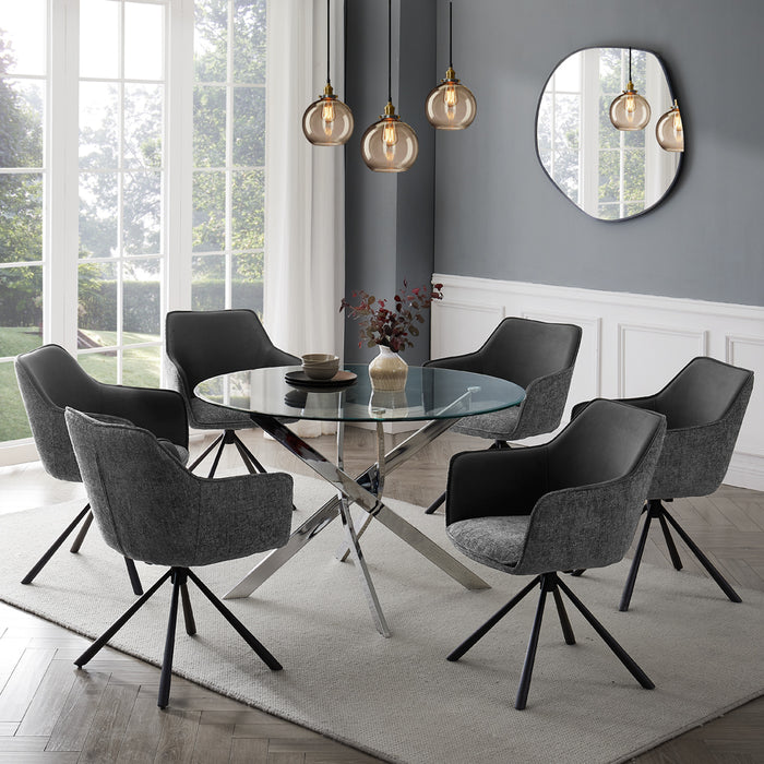 Livorno Silver Leg Glass Dining Table & 6 Porto Chairs, Grey Two Tone Fabric