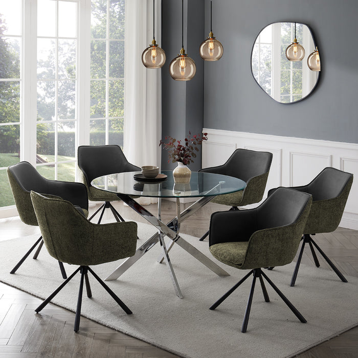 Livorno Silver Leg Glass Dining Table & 6 Porto Chairs, Grey/Green Two Tone Fabric