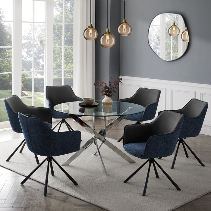 Livorno Silver Leg Glass Dining Table & 6 Porto Chairs, Grey/Blue Two Tone Fabric