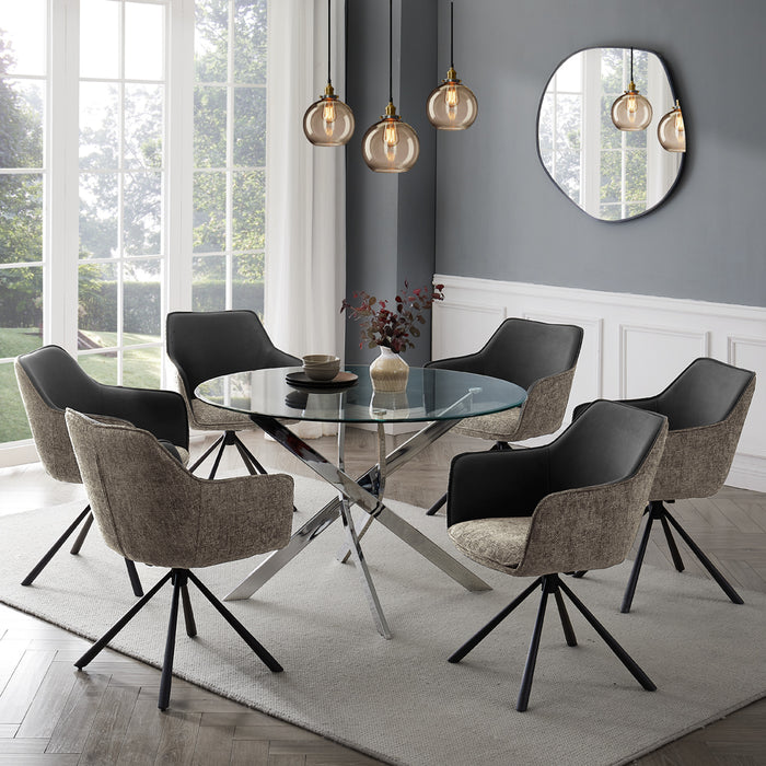 Livorno Silver Leg Glass Dining Table & 6 Porto Chairs, Grey/Beige Two Tone Fabric