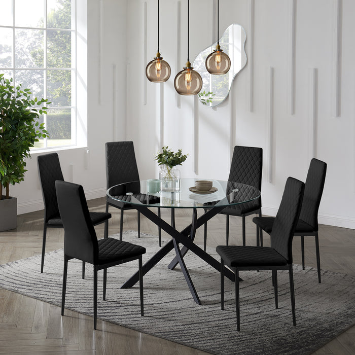 Livorno Black Leg Glass Dining Table & 6 Sierra Chairs, Black Chair with Black Legs