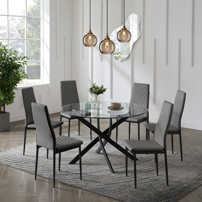 Livorno Black Leg Glass Dining Table & 6 Sierra Chairs, Grey Chair