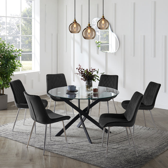 Livorno Black Leg Glass Dining Table & 6 Almeria Chairs, Black Chair with Silver Legs