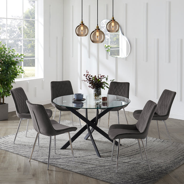 Livorno Black Leg Glass Dining Table & 6 Almeria Chairs, Grey Chair with Silver Legs