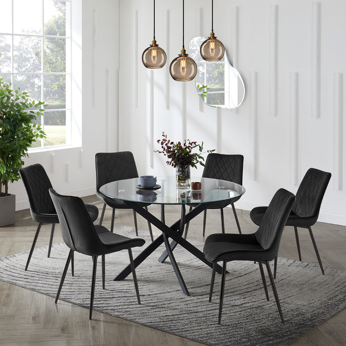 Livorno Black Leg Glass Dining Table & 6 Almeria Chairs, Black Chair