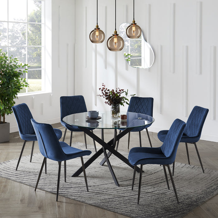 Livorno Black Leg Glass Dining Table & 6 Almeria Chairs, Blue Chair with Black Legs