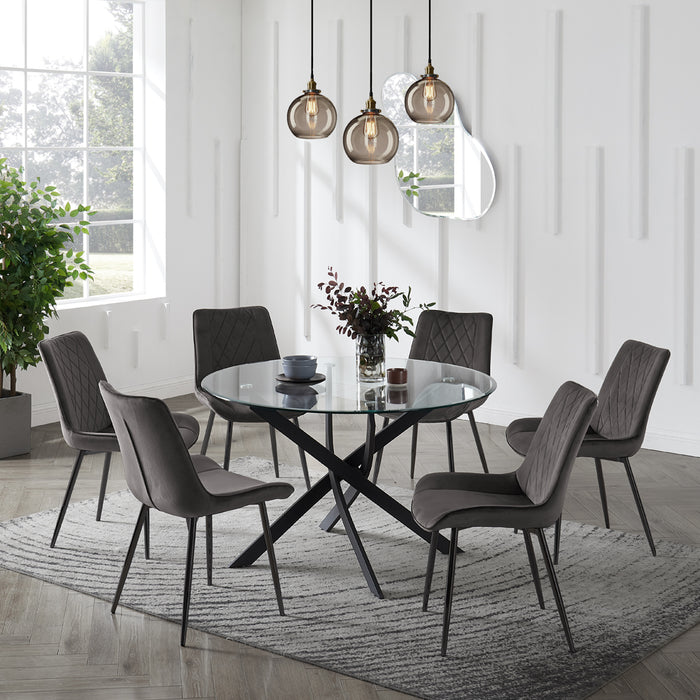 Livorno Black Leg Glass Dining Table & 6 Almeria Chairs, Grey Chair with Black Legs