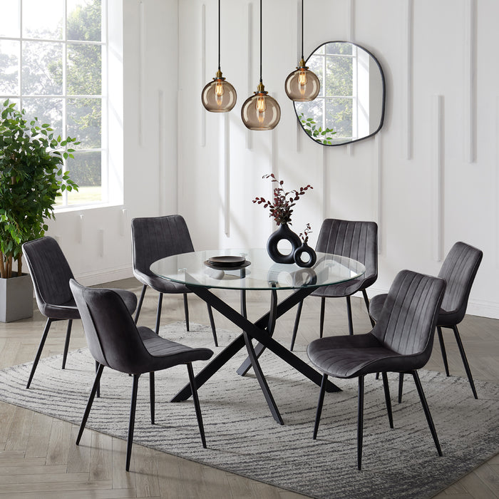 Livorno Black Leg Glass Dining Table & 6 Girona Chairs, Grey Velvet