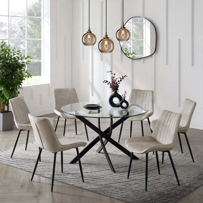 Livorno Black Leg Glass Dining Table & 6 Girona Chairs, Cream Velvet