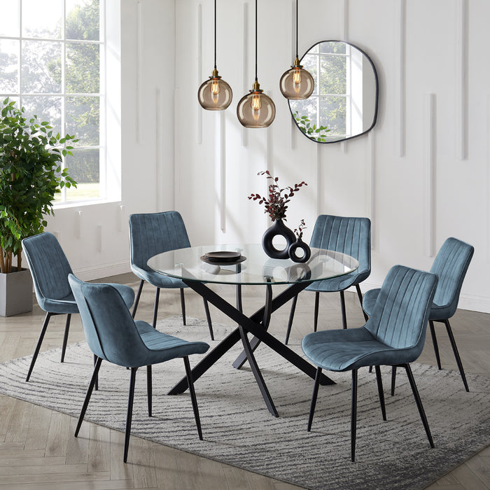 Livorno Black Leg Glass Dining Table & 6 Girona Chairs, Blue Velvet