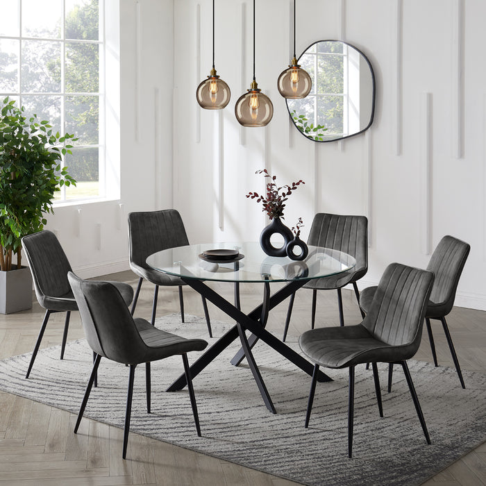 Livorno Black Leg Glass Dining Table & 6 Girona Chairs, Grey Faux Leather