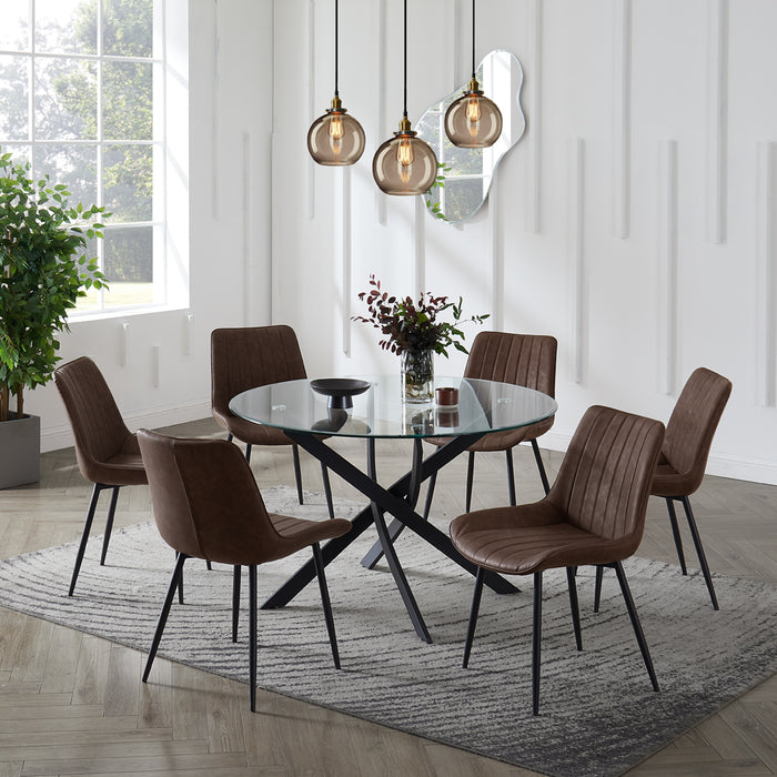 Livorno Black Leg Glass Dining Table & 6 Girona Chairs, Brown Faux Leather