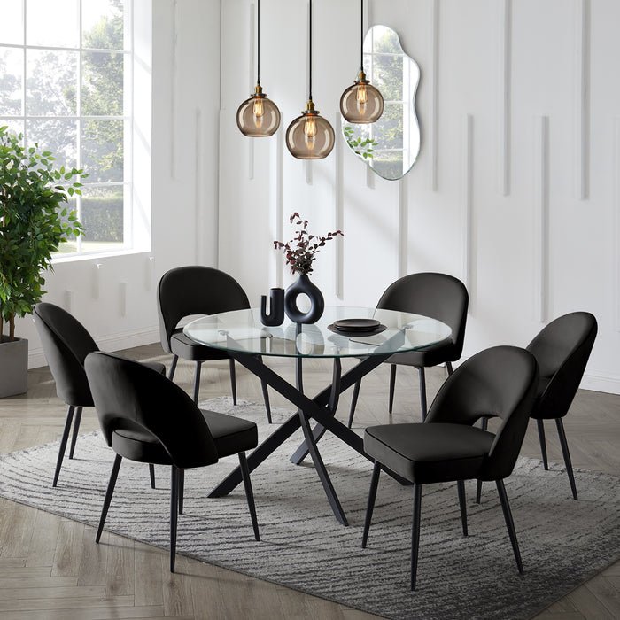 Livorno Black Leg Glass Dining Table & 6 Tiago Chairs, Black Velvet