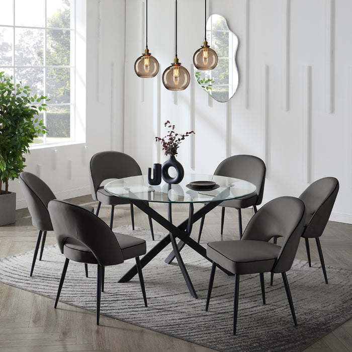 Livorno Black Leg Glass Dining Table & 6 Tiago Chairs, Grey Velvet