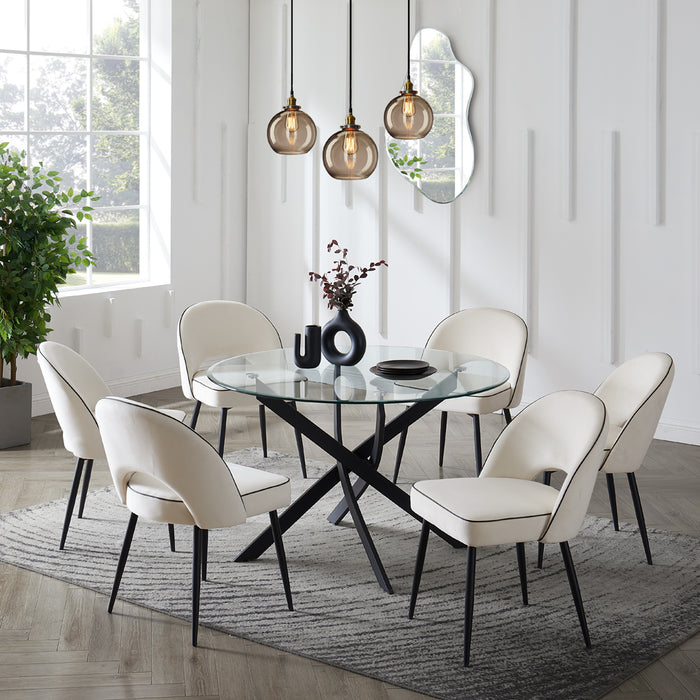 Livorno Black Leg Glass Dining Table & 6 Tiago Chairs, Ivory Velvet