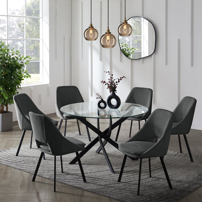 Livorno Black Leg Glass Dining Table & 6 Bilbao Chairs, Dark Grey Fabric