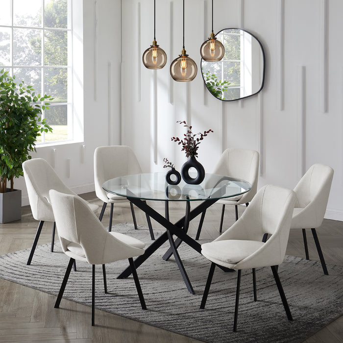 Livorno Black Leg Glass Dining Table & 6 Bilbao Chairs, Ivory Fabric