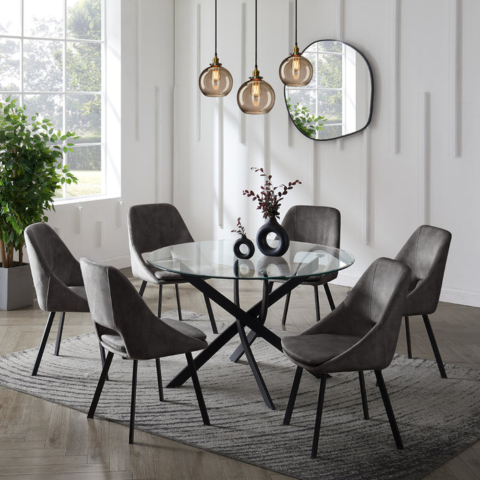 Livorno Black Leg Glass Dining Table & 6 Bilbao Chairs, Dark Grey Velvet