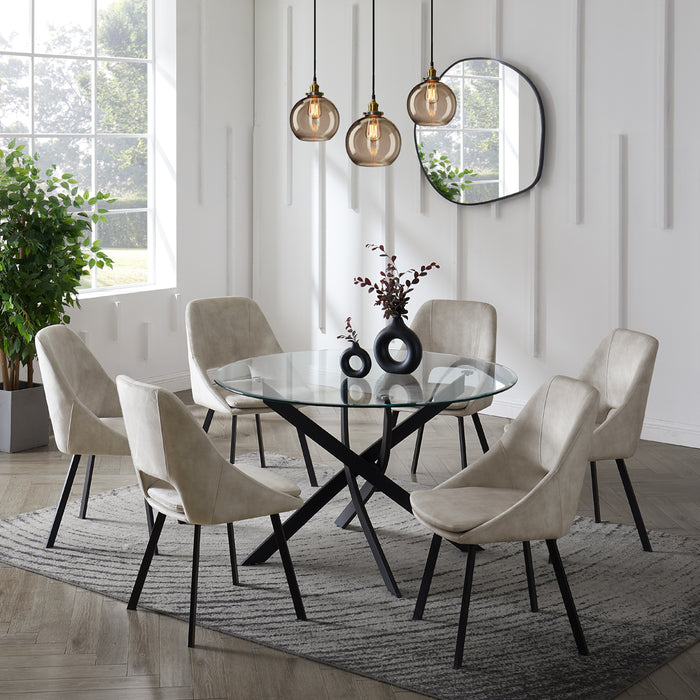 Livorno Black Leg Glass Dining Table & 6 Bilbao Chairs, Cream Velvet