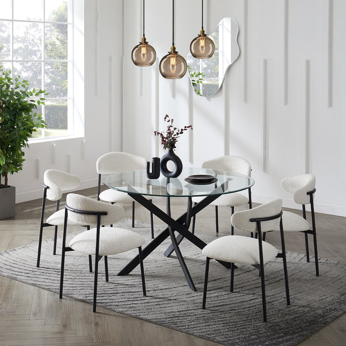 Livorno Black Leg Glass Dining Table & 6 Elda Chairs, White Boucle