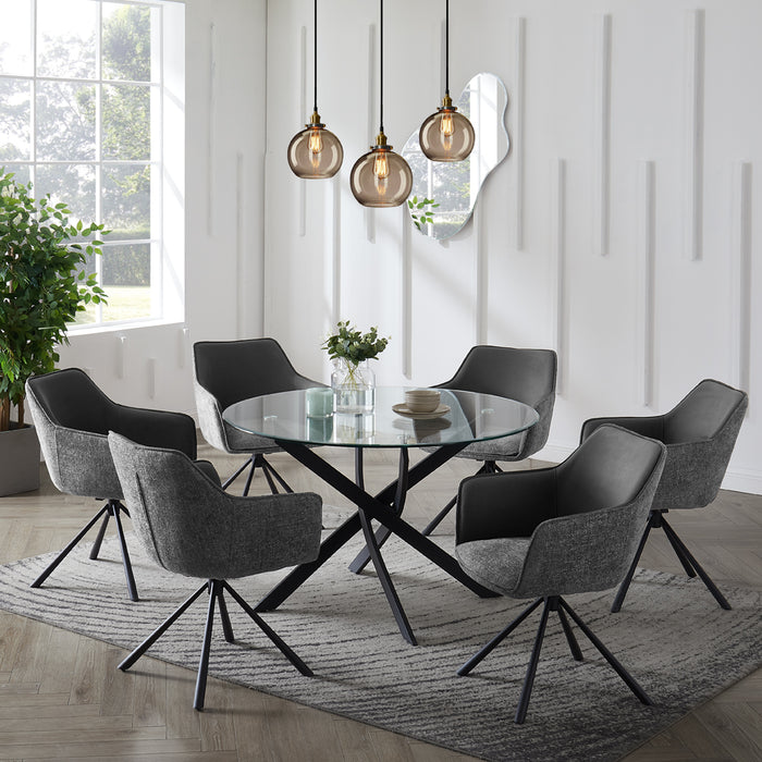 Livorno Black Leg Glass Dining Table & 6 Porto Chairs, Grey Two Tone Fabric